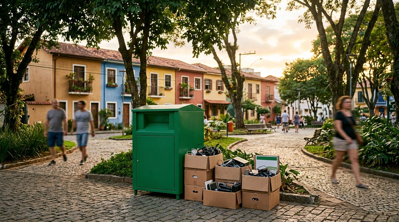 Ponto de coleta de eletrônicos em pracinha de bairro arborizada, com caixas de equipamentos ao lado