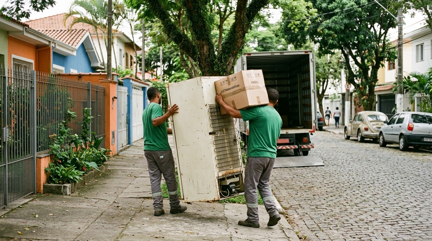 Dois profissionais carregando uma geladeira antiga e caixas de eletrônicos até o caminhão de coleta, em rua residencial arborizada