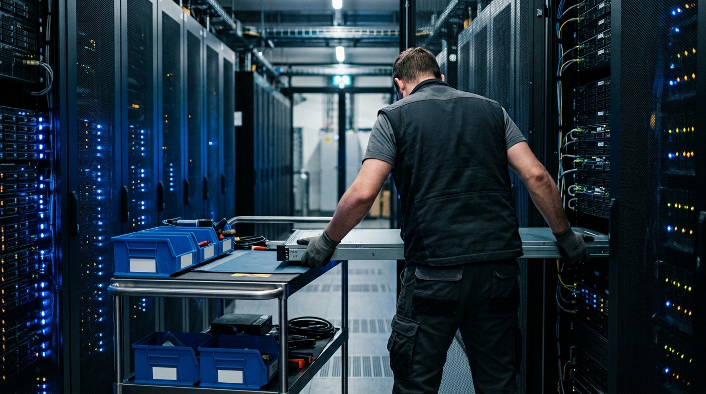 Técnico removendo servidor de rack em corredor de data center