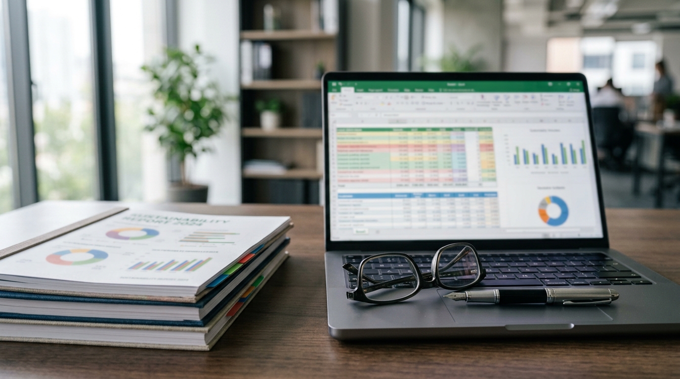 Relatórios de sustentabilidade impressos ao lado de notebook com planilha, em mesa de escritório