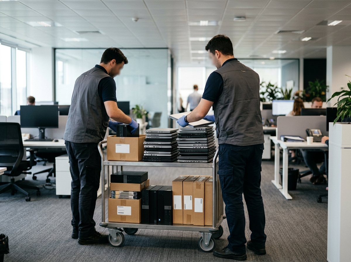 Técnicos organizando notebooks e desktops desativados em carrinho de transporte num escritório corporativo