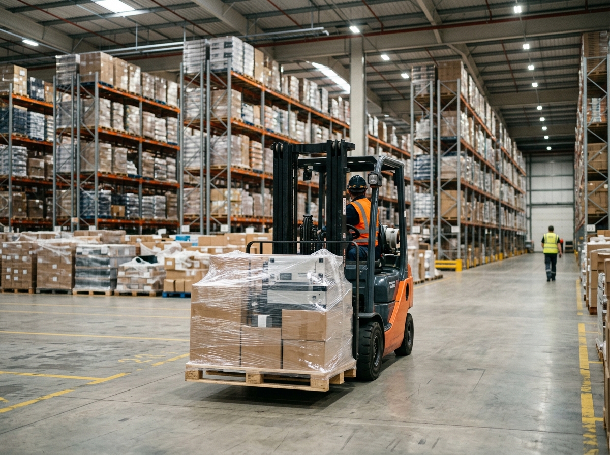 Empilhadeira movendo palete com equipamentos eletrônicos envelopados em centro de distribuição