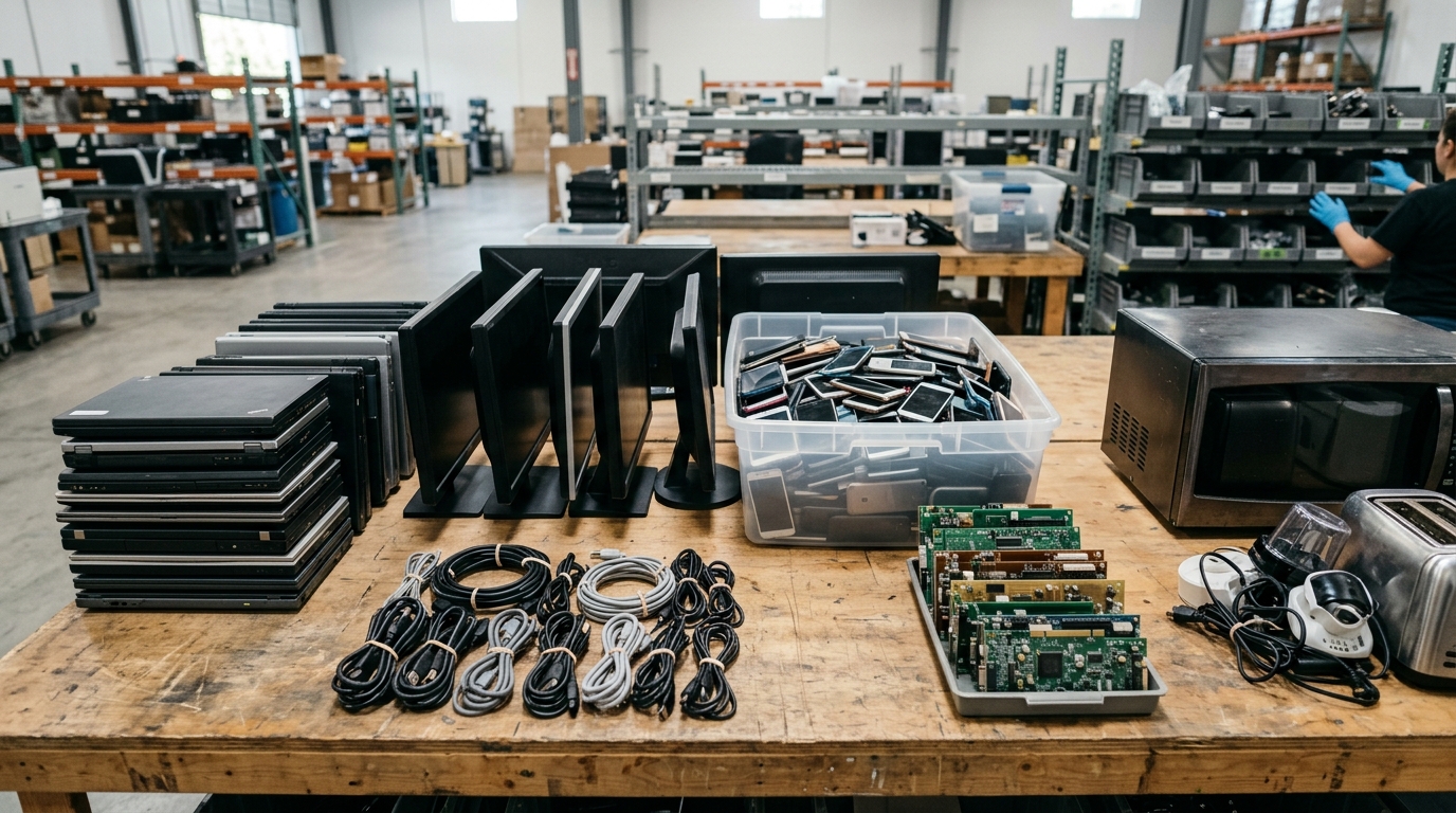 Bancada de triagem com notebooks, monitores, celulares, cabos e placas organizados por grupo