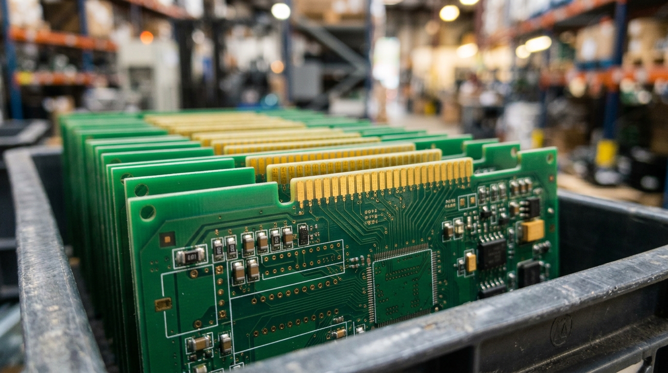 Placas de circuito organizadas em caixa industrial, prontas para destinação