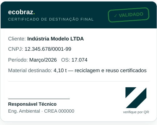 Certificado de Destinação Final com selo de validação verificável por QR